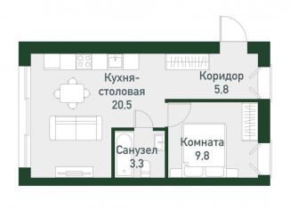 Квартира на продажу со свободной планировкой, 38.9 м2, Челябинская область, Спортивная улица, 22