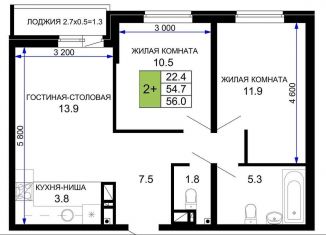 Продам двухкомнатную квартиру, 54.9 м2, Краснодар, Прикубанский округ, улица Лётчика Позднякова, 2к14