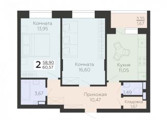 Продается двухкомнатная квартира, 60.6 м2, Воронеж, Коминтерновский район