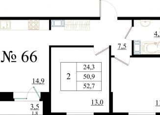 2-комнатная квартира на продажу, 52.7 м2, Гатчина