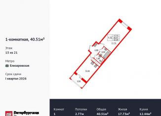 Продается однокомнатная квартира, 40.5 м2, Санкт-Петербург, метро Елизаровская