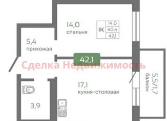 Продается 1-комнатная квартира, 42.1 м2, Красноярск
