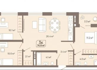 Продаю 3-ком. квартиру, 74.6 м2, Тюмень, Заполярная улица, 3