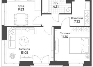 2-комнатная квартира на продажу, 49.3 м2, Казань, улица Гаврилова, 5Бк1