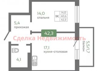 1-комнатная квартира на продажу, 42.3 м2, Красноярск, Октябрьский район