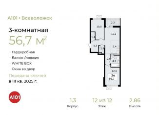 3-комнатная квартира на продажу, 56.7 м2, Ленинградская область, Всеволожский проспект