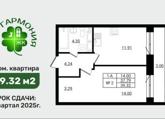 Продаю однокомнатную квартиру, 39.3 м2, Ленинградская область
