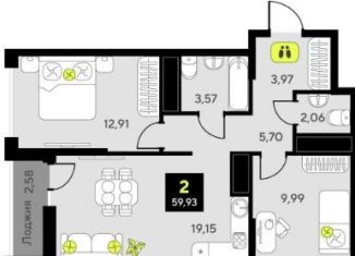 2-ком. квартира на продажу, 59.9 м2, Тюмень, Калининский округ