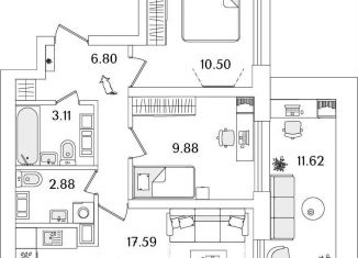 Продам двухкомнатную квартиру, 54.3 м2, Санкт-Петербург, муниципальный округ Финляндский