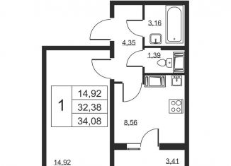 1-комнатная квартира на продажу, 34.1 м2, Бугры