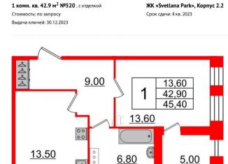 Продам 1-комнатную квартиру, 42.9 м2, Санкт-Петербург, муниципальный округ Светлановское, Манчестерская улица, 5к1