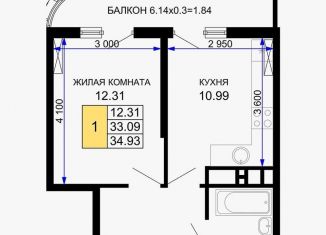 1-комнатная квартира на продажу, 35 м2, Краснодар, Воронежская улица, 47Д