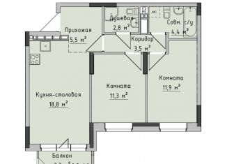 Продам 2-ком. квартиру, 58.2 м2, Ижевск, ЖК Холмогоровский