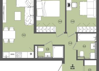 Продажа 2-ком. квартиры, 60.6 м2, деревня Хохряки