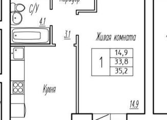 1-комнатная квартира на продажу, 33.8 м2, поселок городского типа Стройкерамика