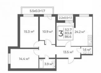 3-комнатная квартира на продажу, 87 м2, Краснодар, улица Евгении Жигуленко, 13к1, ЖК Победный