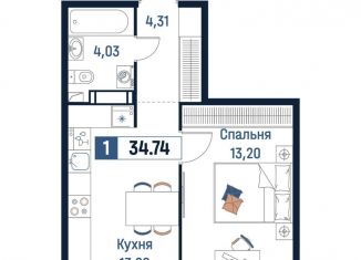 Однокомнатная квартира на продажу, 34.7 м2, Мурино