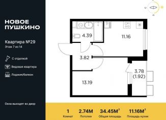Продам однокомнатную квартиру, 34.5 м2, Пушкино, жилой комплекс Новое Пушкино, к23