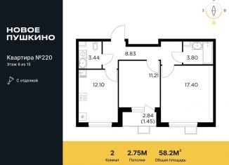Продается двухкомнатная квартира, 58.2 м2, Пушкино, жилой комплекс Новое Пушкино, к21