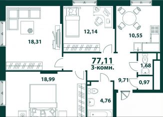 Продается трехкомнатная квартира, 77.1 м2, Ульяновская область, жилой комплекс Аквамарин-2, 3