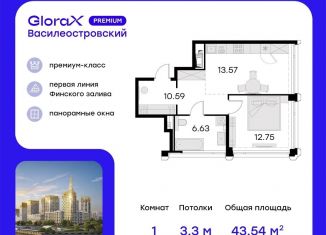 Однокомнатная квартира на продажу, 43.5 м2, Санкт-Петербург, метро Приморская