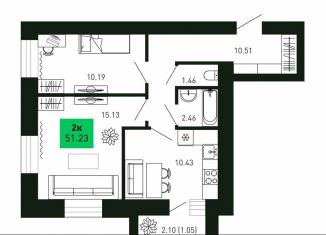 Продается двухкомнатная квартира, 51.2 м2, деревня Шутовщина