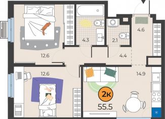 2-комнатная квартира на продажу, 55.5 м2, Тюмень, улица Эльвиры Федоровой, 3