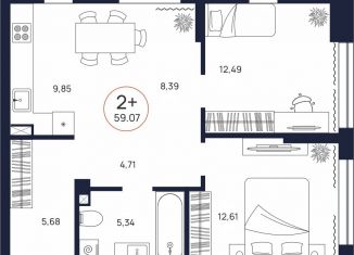 Продаю 2-ком. квартиру, 59.1 м2, Тюмень