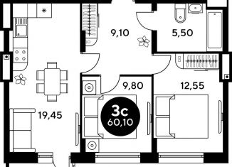 Продается 2-комнатная квартира, 60.1 м2, Ростовская область, бульвар Платова, 12