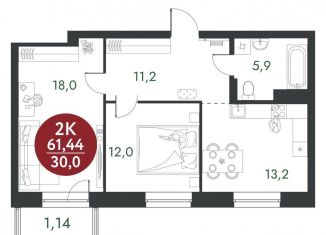 Продам 2-комнатную квартиру, 61.4 м2, Новосибирская область