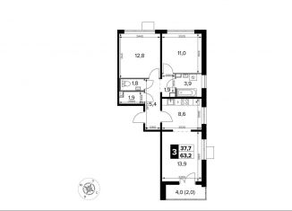 Продается 3-ком. квартира, 63.2 м2, деревня Сапроново