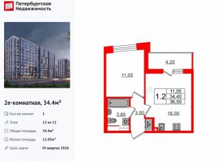 Продаю однокомнатную квартиру, 34.4 м2, Санкт-Петербург, муниципальный округ Коломяги
