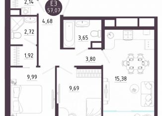 Продается 2-ком. квартира, 57.1 м2, Тула, Пряничная улица, 9