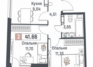 2-комнатная квартира на продажу, 41.7 м2, Мурино, ЖК Авиатор