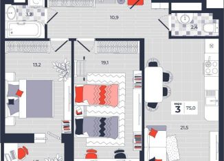 Продам 3-ком. квартиру, 75 м2, Тула