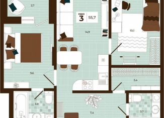 Продам 3-ком. квартиру, 55.7 м2, Тула