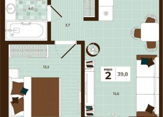 Продается двухкомнатная квартира, 39.8 м2, Тула