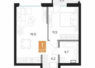 Продается 1-комнатная квартира, 40.6 м2, Курск