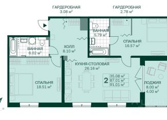 2-комнатная квартира на продажу, 91 м2, Санкт-Петербург, муниципальный округ Большая Охта
