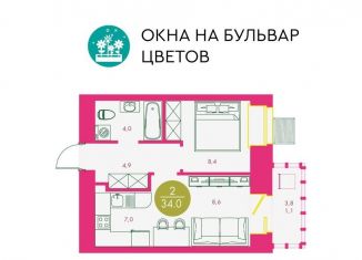 Продается двухкомнатная квартира, 34 м2, Красноярск, ЖК Бульвар цветов, Караульная улица, 43