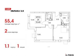 Двухкомнатная квартира на продажу, 55.4 м2, Люберцы, Солнечная улица, 2, ЖК Облака 2.0