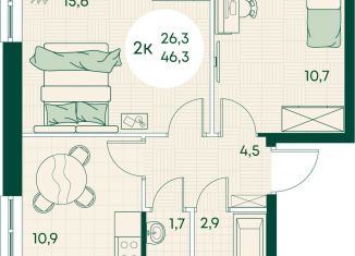 Продажа 2-ком. квартиры, 46.3 м2, посёлок городского типа Яблоновский