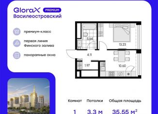 1-ком. квартира на продажу, 35.6 м2, Санкт-Петербург, муниципальный округ Морской