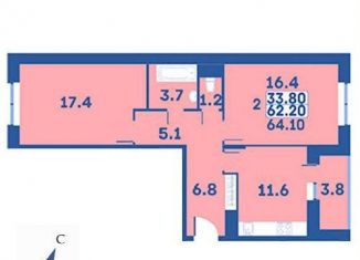 2-ком. квартира на продажу, 64.1 м2, деревня Рогозинино