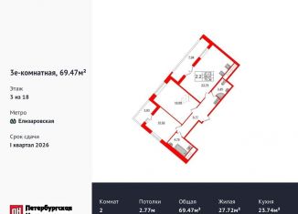 Продается 2-комнатная квартира, 69.5 м2, Санкт-Петербург, метро Проспект Большевиков