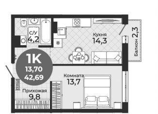 Продам однокомнатную квартиру, 42.7 м2, Новосибирская область