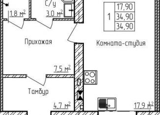 Продам квартиру студию, 34.9 м2, деревня Карабиха