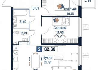 Продается двухкомнатная квартира, 62.7 м2, Мурино