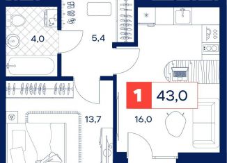 Продажа однокомнатной квартиры, 43 м2, Тюмень, Калининский округ