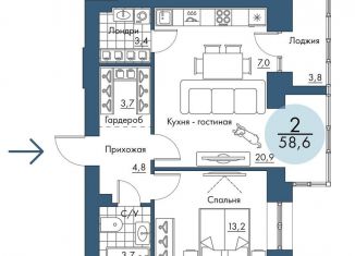 Продажа 2-ком. квартиры, 58.6 м2, Красноярск